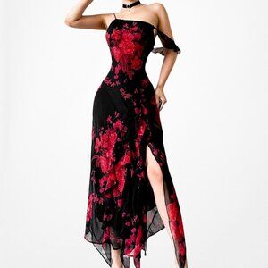 Vintage Black Red Floral Beaded One Shoulder Ruffle Side Slit Dress Size M